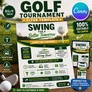 May include: A golf tournament flyer template measuring 8.5 by 11 inches. The flyer features green and white text, a golf ball graphic, and details for a charity event at Pine Meadows Golf Club on Sunday, November 9, 2026, with entry fees of $125.
