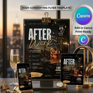 Può includere: Un modello di volantino intitolato After Work con uno sfondo di skyline urbano scuro, un bicchiere di liquido ambrato e i dettagli dell'evento per il 20 giugno 2024. Il design è mostrato su una cartellina, uno smartphone e un tablet.