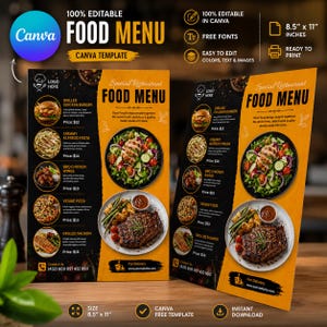 Editable Restaurant Food Menu Template, 8.5x11 Canva Flyer (Digital Download)