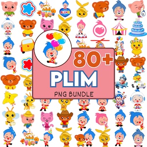 May include: A collection of cartoon character PNG images, including clowns, animals, and cakes. The images are in various colors and styles, with the text "80+ PLIM PNG BUNDLE" in the center.