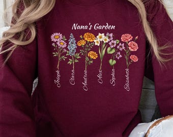 Grandma's Garden Sweatshirt, Custom Birthflower Sweatshirt, Gift for Grandma, Love Grows Here, Mom's Garden, Mother's Day Gift