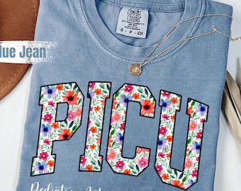 Comfort Colors® Floral PICU Nurse Shirt, Blue Toile Pediatric ICU Nurse T-Shirt, Pediatric Nurse Tee, Nurse Nightshirt, picu Gifts, RN Shirt