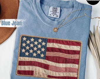 Comfort Colors® 4th of July Shirt, Retro American Flag Shirt, Faux Patchwork USA Shirt, Patriotic Shirt, Fourth of July Shirt,USA Flag Shirt