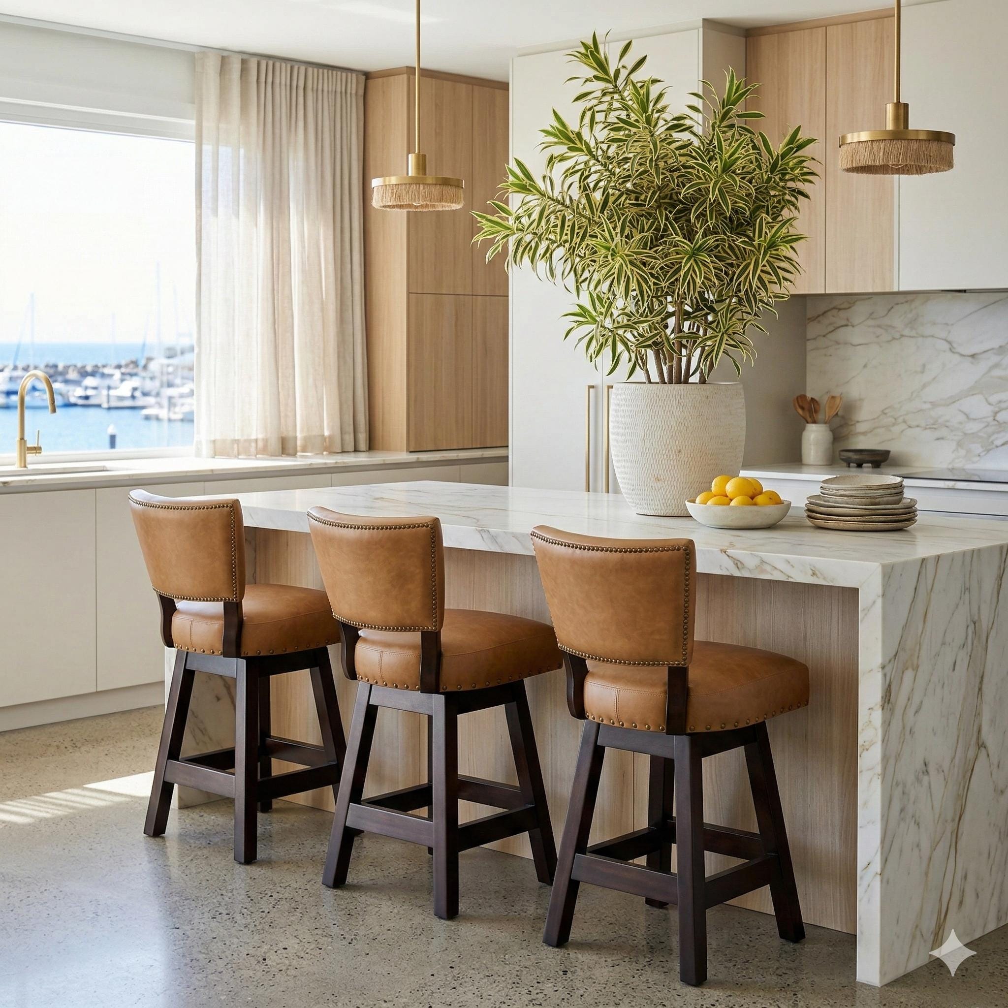 Oakvibe Leather Bar Stool With Back, Wooden Counter Height Chair ...
