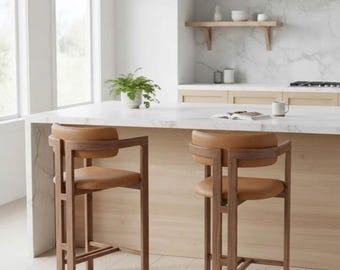 OakVibe Upholstered Wooden Bar Stool with Arms, Counter Height Stool, Solid Wood Kitchen Island Chair, Modern Luxury Bar Seating