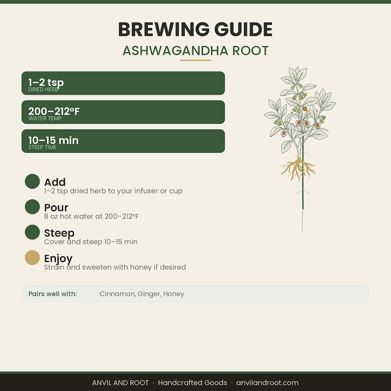 May include: A brewing guide for Ashwagandha root tea. The guide includes instructions for adding 1-2 tsp of dried herb, pouring 8 oz of 200-212&deg;F water, and steeping for 10-15 minutes. Pairs well with cinnamon, ginger, and honey.