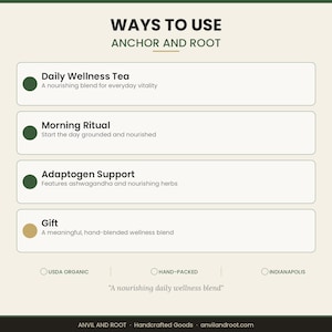 K&ouml;nnte beinhalten: Beige Grafik mit dem Text &bdquo;WAYS TO USE ANCHOR AND ROOT&ldquo;. Es listet Daily Wellness Tea, Morning Ritual, Adaptogen Support und Gift auf. Der Text &bdquo;A nourishing daily wellness blend&ldquo; ist ebenfalls enthalten.