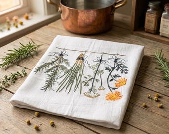 Embroidered Herbs Kitchen Towel — 100% Cotton, Cottagecore Decor