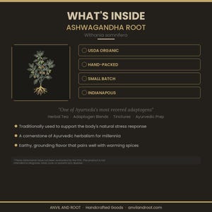 May include: Informational graphic about Ashwagandha Root, including text that reads "What's Inside Ashwagandha Root". The graphic lists "USDA Organic", "Hand-Packed", "Small Batch", and "Indianapolis". It also includes text about the product's benefits.