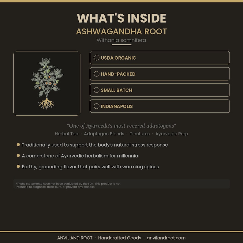 May include: Informational graphic about Ashwagandha Root, including text that reads "What's Inside Ashwagandha Root". The graphic lists "USDA Organic", "Hand-Packed", "Small Batch", and "Indianapolis". It also includes text about the product's benefits.