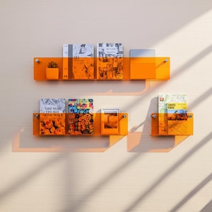 May include: Orange acrylic wall shelves with books and a small potted plant. The shelves are mounted on a light-colored wall. The books have various covers and sizes, creating a modern and organized display. The shelves are held in place with silver hardware.