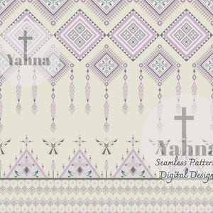 May include: A seamless digital pattern featuring a repeating geometric design in shades of light purple, olive green, and cream. The print includes diamond shapes, hanging tassel motifs, and stylized bird figures, with the text Yahna Seamless Pattern Digital Design.