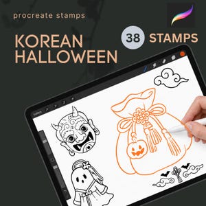 May include: A digital tablet screen displays 38 Korean Halloween Procreate stamps. The graphics include a traditional mask, a ghost in hanbok, and an orange drawstring pouch with a pumpkin charm, bats, and clouds, all rendered in line art.