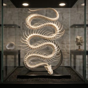 Peut inclure: Squelette de serpent exposé dans une vitrine en verre. Les os blanc cassé sont disposés en une forme sinueuse, avec le crâne en bas. Le présentoir a une base noire et est éclairé par des lumières zénithales, créant une ambiance de musée.