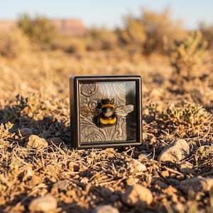 Peut inclure: Présentation encadrée d'un bourdon. L'abeille est noire et jaune, avec des ailes détaillées. Le cadre est noir et l'arrière-plan est un motif métallique texturé. L'exposition est en extérieur, dans un environnement naturel.
