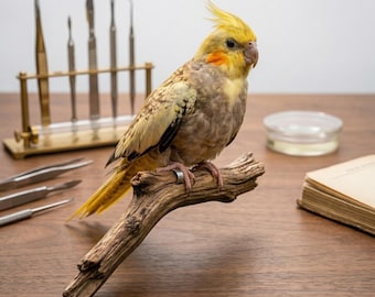 Auténtica cacatúa ninfa en exhibición / Ejemplar real / Pieza de colección de historia natural