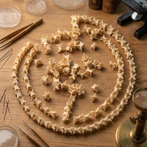 May include: An overhead shot shows a collection of small, off-white vertebrae arranged in a circular pattern on a wooden surface. Scientific tools, including tweezers, needles, and a microscope, are scattered around the vertebrae, suggesting a scientific or educational context.