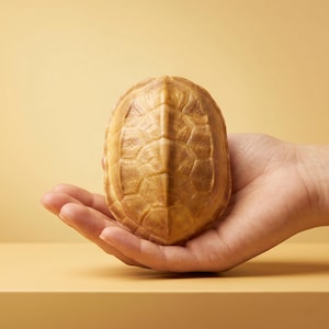 May include: A turtle shell, showcasing a detailed, textured pattern in shades of brown and tan, is held in an open hand. The shell's surface is divided into symmetrical sections, with a warm, natural color palette.