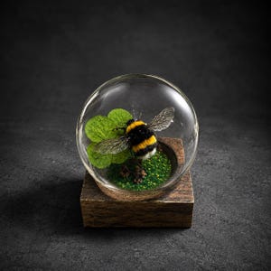 May include: A preserved bumblebee with black and yellow stripes is displayed inside a clear glass dome. The bee rests on a green leaf and textured moss base, which is mounted on a square, dark brown wooden block stand.