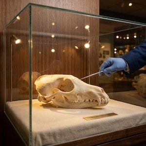 Peut inclure: Un crâne de canidé exposé dans une vitrine. Le crâne est blanc cassé avec des dents et une structure osseuse visibles. Une main gantée tient un pointeur près du crâne. La vitrine est sur une surface en bois.