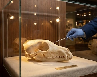 Cráneo de zorro auténtico / Ejemplar animal de origen ético / Exhibición en colección de historia natural / Pieza de anatomía con fines educativos
