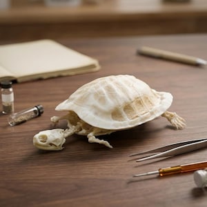 May include: A close-up of a turtle skeleton, displaying its delicate bone structure. The skeleton is a creamy white colour, with visible ribs and a detailed skull. Small glass vials and tools are scattered around, suggesting a scientific or educational context.