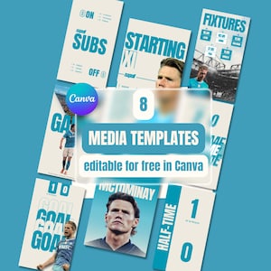 Può includere: Una raccolta di otto modelli digitali per social media con una combinazione di colori azzurro e bianco, caratterizzati da grafiche a tema calcistico, ritratti di giocatori, calendari delle partite e tabelloni, modificabili su Canva.