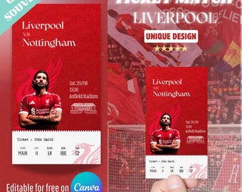 Personalized football match ticket stub, souvenir match ticket, Liverpool, Premier League, editable Canva template