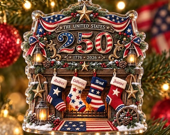 Personalized USA 250th Anniversary Christmas Ornament, Custom Family Name Fireplace and Stockings, 2D Flat Patriotic Keepsake Gift