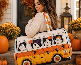Retro Ghost Camper Halloween Quilted Bag, Orange Spooky Van Duffel, Fall Travel Weekender