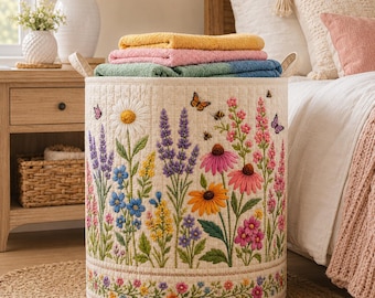 Wildflower Butterfly Quilt Laundry Basket, Floral Meadow Storage Hamper, Quilted Laundry Bin, Nursery Bedroom Home Decor Gift
