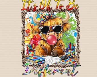 It’s Ok To Be Different PNG, Autism Awareness Highland Cow PNG, Neurodiversity Support PNG,Puzzle Art Cow Png,Special Education Teacher Gift