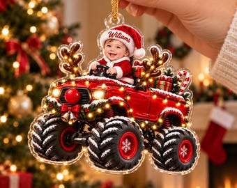 Personalized Monster Truck Christmas Ornament, Custom Child Photo and Name Acrylic Tree Decoration, Kids Holiday Keepsake Gift