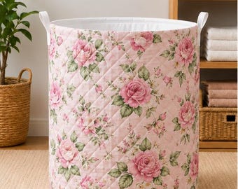 Pink Rose Floral Quilted Laundry Basket, Vintage Flower Storage Bin, Romantic Farmhouse Laundry Hamper, Nursery Bathroom Room Decor