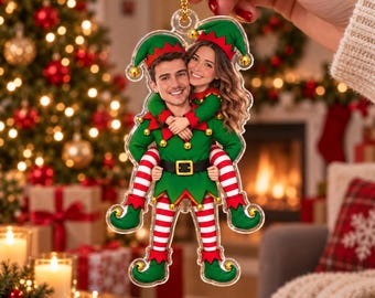 Personalized Couple Photo Christmas Ornament, Custom Elf Cartoon Acrylic Ornament, Funny Holiday Keepsake Gift for Couples