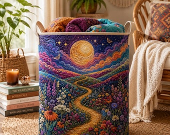 Moonlit Wildflower Path Quilt Laundry Basket, Colorful Landscape Storage Hamper, Boho Nature Nursery Bedroom Decor Gift