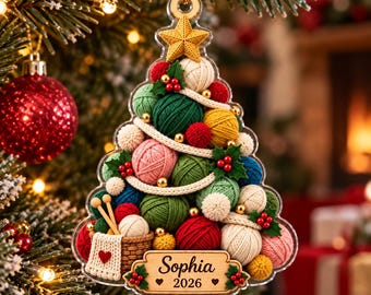 Personalized Crochet Christmas Ornament, 2D Flat Knitting Yarn Keepsake, Crochet Lover Gift for Mom or Grandma, Custom Wool Ornament