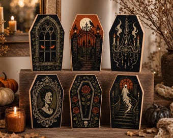 Gothic Halloween Shelf Sitter, Wooden Block Indoor Decoration, Haunted Graveyard Skull Raven Mantel Decor
