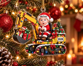 Personalized Excavator Christmas Ornament, Custom Photo and Name, 2D Flat Acrylic Construction Vehicle Keepsake, Gift for Boys