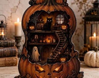 Haunted Pumpkin House Decor, Halloween Jack O Lantern Sign, Gothic Wooden Tabletop Decoration, Spooky Autumn Home Decor
