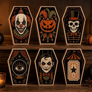 May include: Six coffin-shaped wooden plaques featuring illustrations of a clown, a jack-o'-lantern jester, a skeleton in a top hat, a crystal ball with an eye, a ventriloquist dummy, and a circus ticket, all with black, orange, and cream accents.
