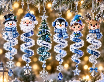 Personalized Christmas Spiral Ornament, Custom Name Santa Snowman Penguin Elf Reindeer Acrylic Tree Decoration, Kids Holiday Keepsake Gift