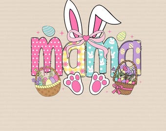 Easter Bunny Mama PNG, White Easter Bunny Ears Basket and Paw Prints Mom Design for Spring Celebration (Digital Download)