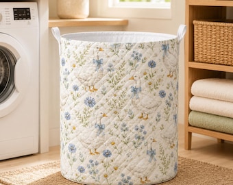White Goose Blue Bow Quilted Laundry Basket, Cottage Floral Duck Storage Bin, Farmhouse Laundry Hamper, Nursery Bathroom Decor