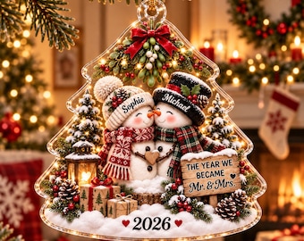 Personalized Our First Married Christmas Ornament 2026, Custom Couple Names Snowman Acrylic Tree Decoration, Newlywed Wedding Keepsake Gift