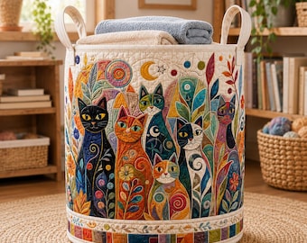 Colorful Cat Quilt Laundry Basket, Boho Cat Storage Hamper, Quilted Laundry Bin, Cat Lover Nursery Bedroom Home Decor Gift
