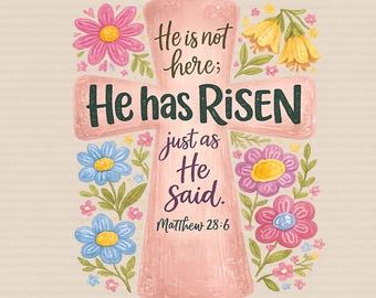 He Has Risen Christian Easter PNG, Resurrection Day PNG, Floral Png, Faith Easter Gift, Spring Floral Png, Jesus PNG For Her