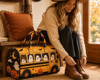 Vintage Halloween School Bus Quilted Bag, Ghost Pumpkin Travel Duffel, Spooky Fall Weekender Bag