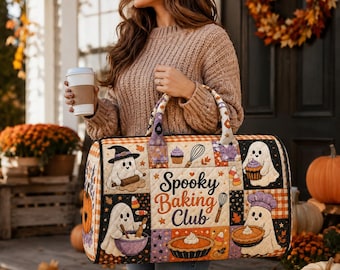 Spooky Baking Club Duffel Bag, Halloween Bakery Weekender Bag, Cute Ghost Pumpkin Pie Travel Bag, Quilted Fall Overnight Bag