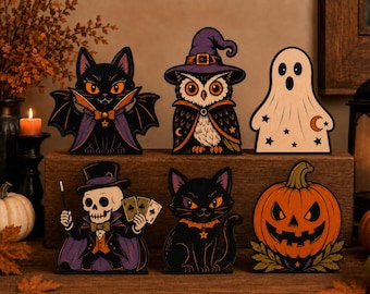 Vintage Halloween Mantel Decor, Retro Wooden Shelf Block, Cute Spooky Ghost Pumpkin Black Cat Owl Skeleton, Fall Gift